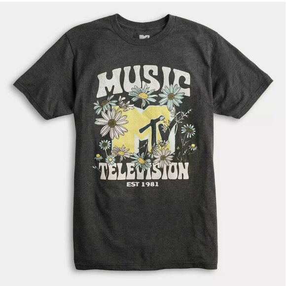 Men's MTV Flowers Logo Graphic Gray Tee Size Large NWT - Picture 1 of 3